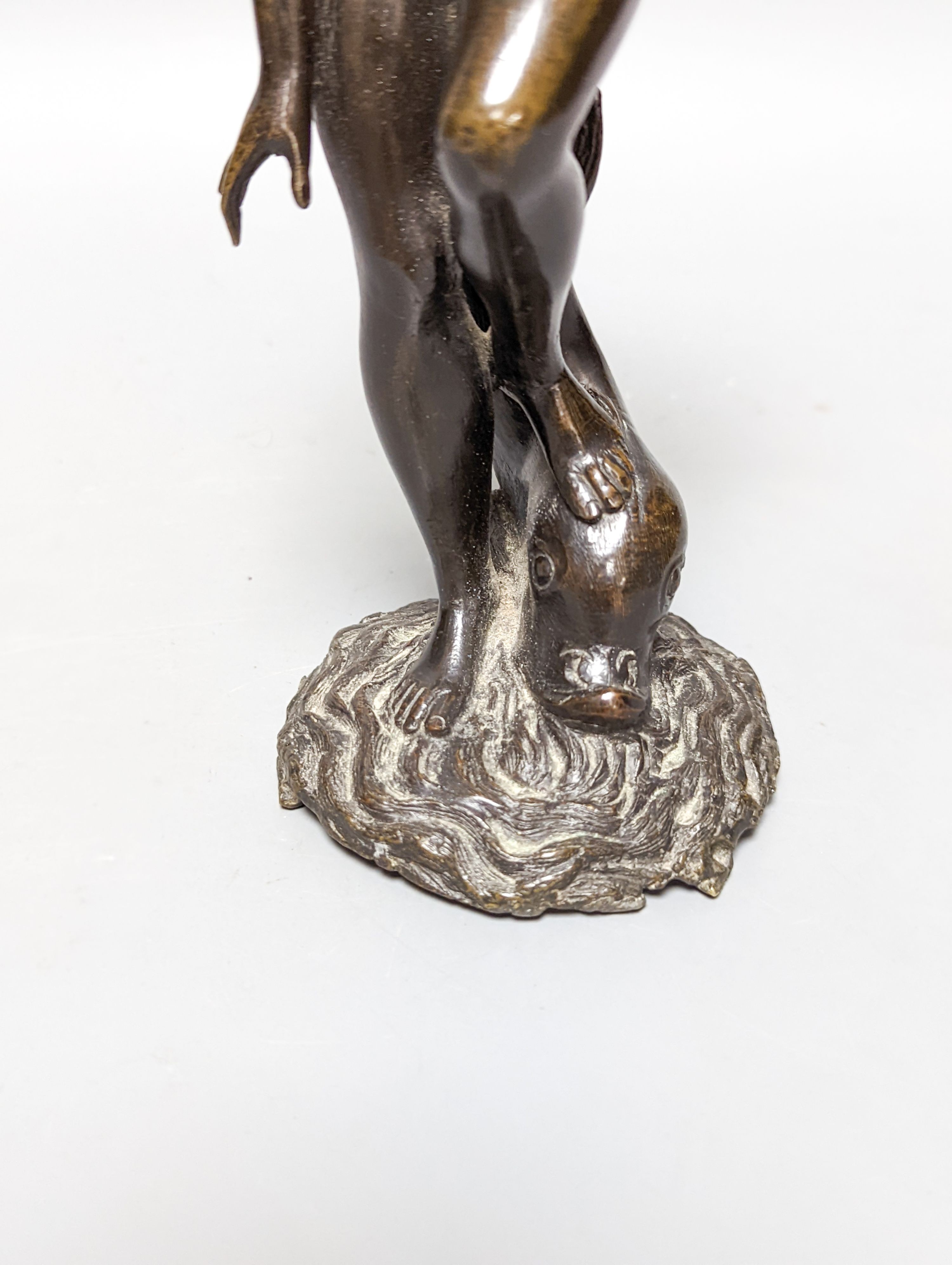 A WMF pewter teapot, an early 20th century bronze of Venus with dolphin, 2 other figures and a WMF style figural desk stand 36cm